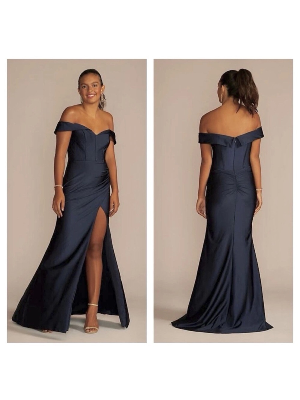 NWT JULES & CLEO Size 8 Long Sweetheart Off Shoulder A-Line Slit Leg Blue Dress